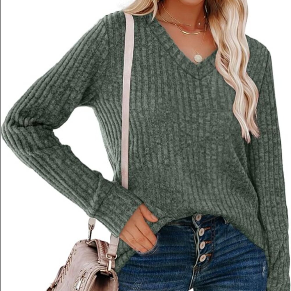 Women's Long Sleeves Sweatshirt V Neck Autumn Casual Top Pullovers Green Medium